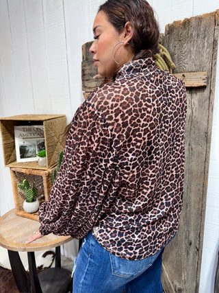 Cheetah Leopard Mesh Bell Sleeve Sheer Top