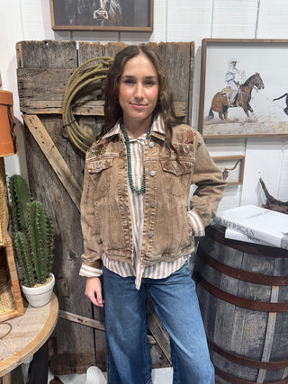 Wild West Bronc Rider Embroidered Acid Wash Denim Jacket