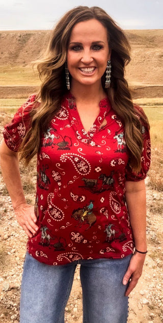 Western Ranch Rodeo Top for Women – Red Cowboy Print Blouse, Cowgirl Graphic V-Neck Shirt, Western Boutique Top