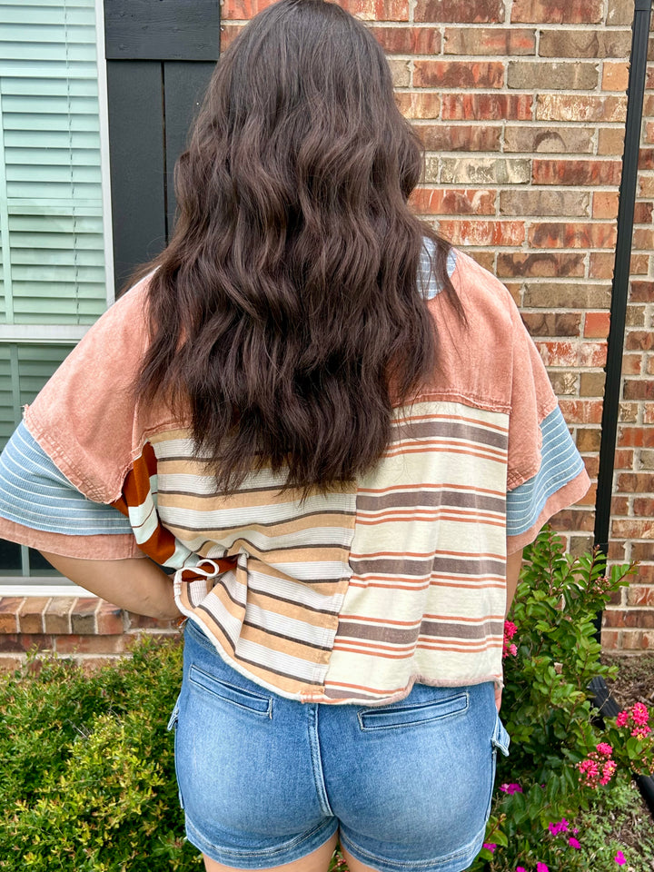 OLI & HALI WASHED STRIPE MIX SHORT SLEEVE POLO TOP
