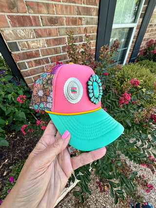 Sweet Summertime Coral & Turquoise Concho Trucker Hat | Western Mesh Snapback Cap