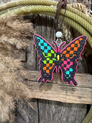 Butterfly Car Freshie – Strawberry Leather Scent, Neon Checkered Western Design