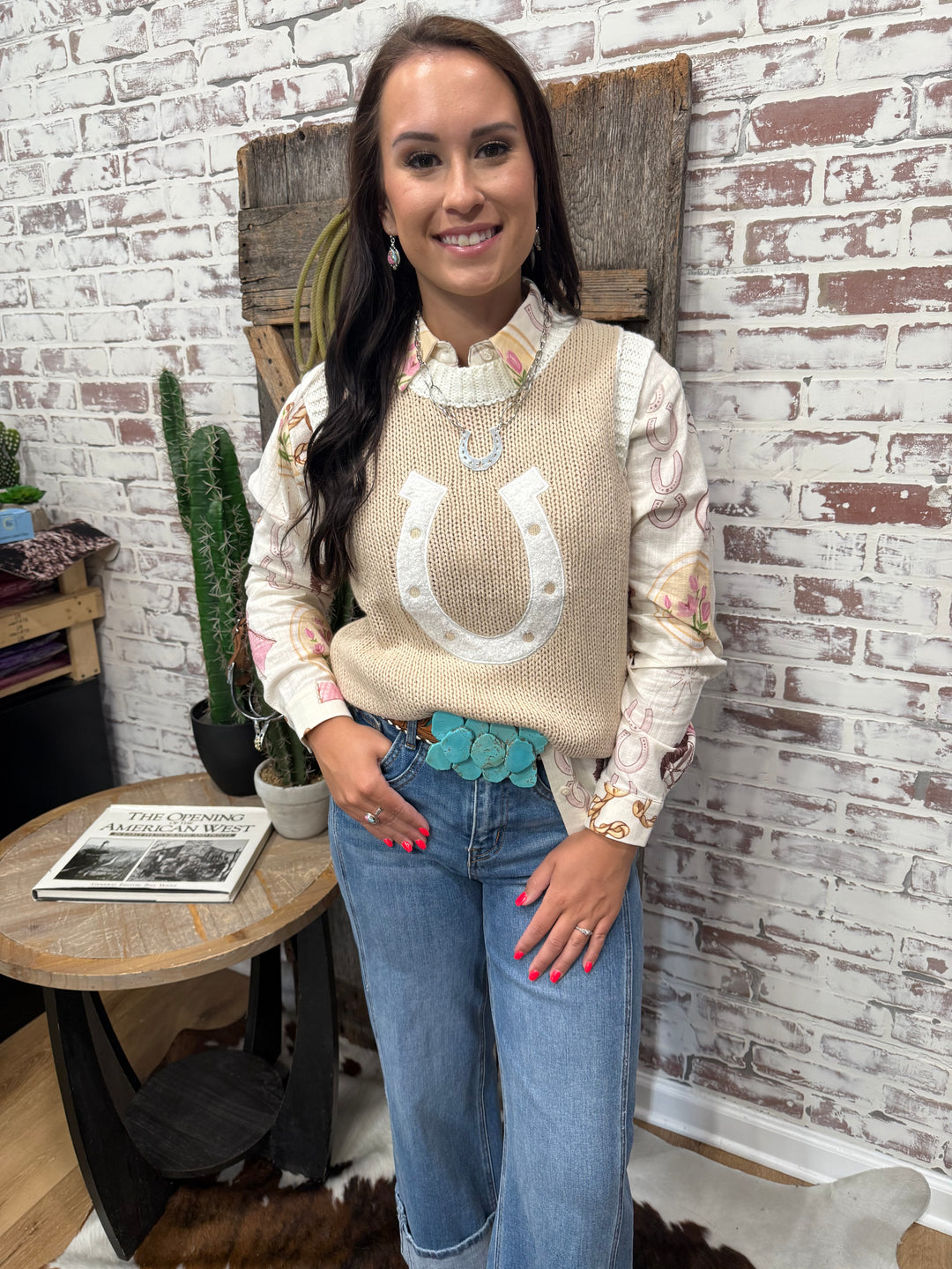 Feeling Lucky Tan Horseshoe Sweater Vest