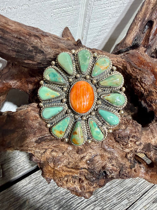 Tibetan German Silver Sunburst Ring with Turquoise & Spiny Oyster | Adjustable Western Statement Ring