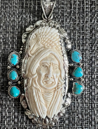 Spirit Eagle Carved Bone & Turquoise Statement Pendant