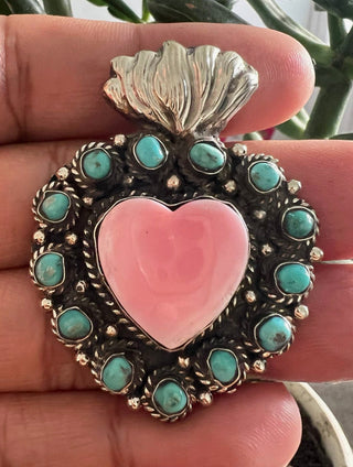 Pink Queen Conch Heart Pendant with Turquoise | Tibetan Repoussé Western Statement Necklace