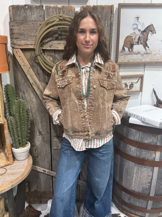 Wild West Bronc Rider Embroidered Acid Wash Denim Jacket