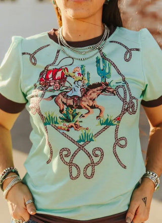 Western Cowboy Graphic Tee – Vintage Retro Horse & Wagon Shirt for Women