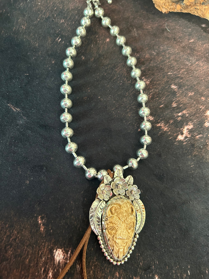 Carved Buffalo Pendant Necklace
