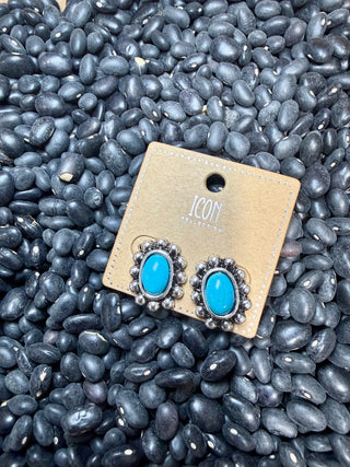 Small Turquoise Oval Concho Stud Earrings | Western Silver Cowgirl Jewelry