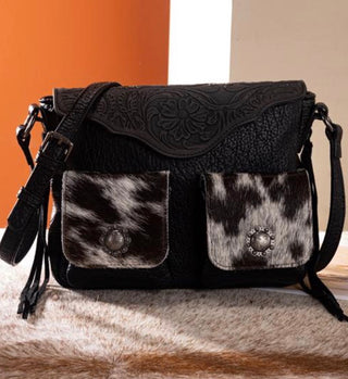 Trinity Ranch Black Hair-On Hide Crossbody Bag with Concho Pockets