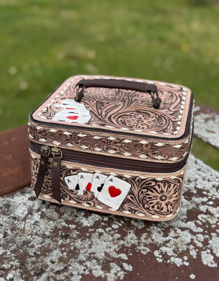 Tooled Leather Western Vegas Jewelry Train Case – Playing Cards Cowgirl Organizer