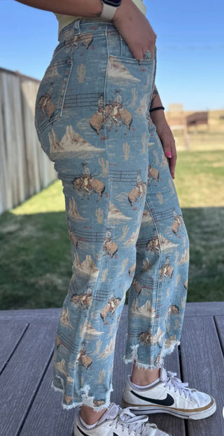 Sterling Kreek Bronc Rider Print Cropped Jeans – Cowboy Canyon Denim- Side View