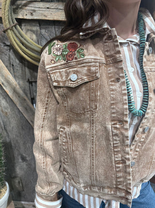Wild West Bronc Rider Embroidered Acid Wash Denim Jacket