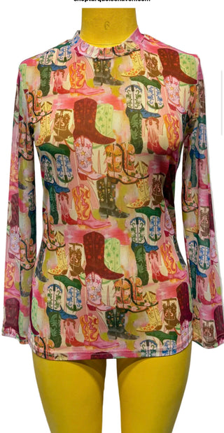 Boot Scootin’ Mesh Top | Western Cowboy Boot Print Long Sleeve Top