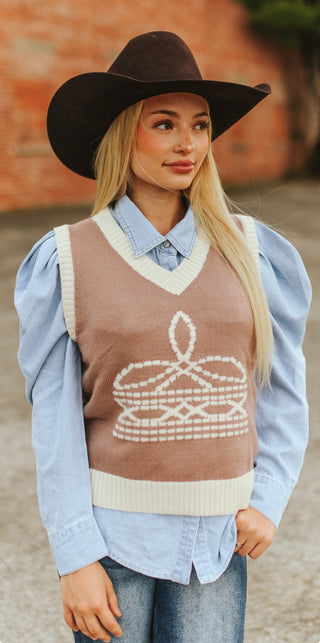 Western Boot Stitch Knit Sweater Vest – Cowgirl Chic Layering Piece