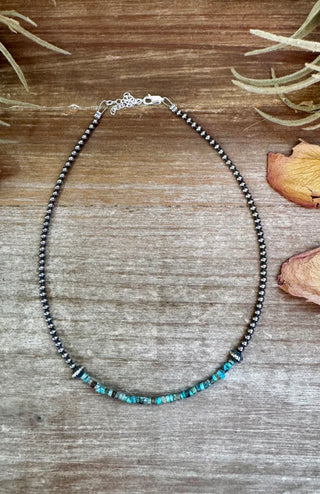 Blue-Green Turquoise Heishi Choker Necklace – Sterling Silver Navajo Style Pearls, 14” Western Layering Necklace