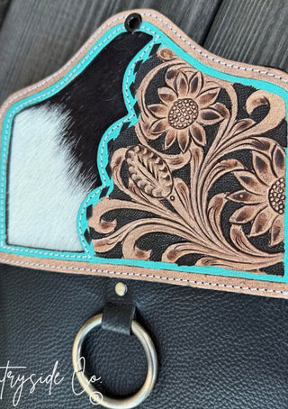 Hand-Painted Checkered Turquoise Cowhide Wild Rag & Twilly Hanger – Genuine Leather Western Wall Organizer