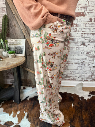 Western Cowboy Print Wagon Train Wide Leg Trousers – Women’s Vintage Rodeo Pants