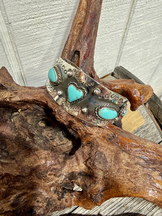 Turquoise Heart & Oval Sterling Silver Cuff Bracelet- Southwestern