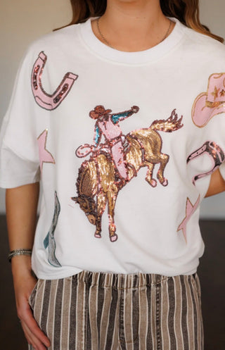 Howdy Hanny Dolman Sparkle Tee – Sequin Rodeo Graphic Western Top for Women