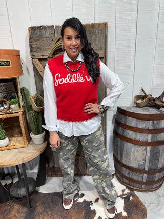 Bright Red “Saddle Up” Sweater Vest | Western Graphic Knit Vest