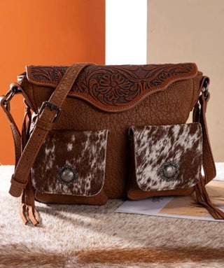 Brown Cowhide Concho Crossbody Purse 
