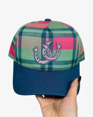Pink & Teal Plaid Horseshoe Trucker Hat | Western Cowgirl Cap