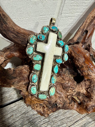 Large Tibetan Silver Carved Bone Cross Pendant | Turquoise Statement Pendant | Southwestern Jewelry