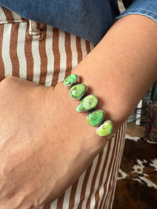 Native American Sonoran Gold Turquoise Cuff Bracelet – Sterling Silver Statement Piece