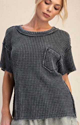 Charcoal Washed Waffle Knit Top for Women – Oversized Raw Hem Pocket Tee-Easel Brand