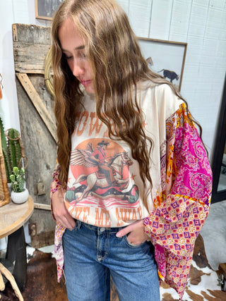 Western Graphic Poncho Sleeve Top | Cowboy Take Me Away Boho Statement Top