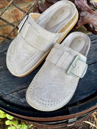 Cheyenne Trails Western Buckle Studded Suede Clogs – Taupe