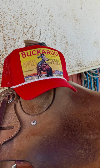 Red Vintage Buckaroo Rodeo Trucker Hat | Western Bronc Rider Rope Cap
