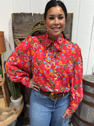 Red Yeehaw Bow Tie Western Top | Cowgirl Chic Blouse- Non Sheer