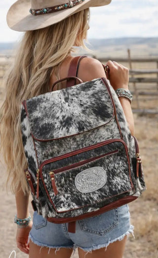Vintage NFR Buckle Cowhide Backpack – Western Leather Conceal Carry Backpack with Tooled Flap & Laptop Compartment -Diaper Bag 