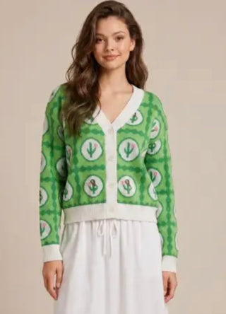 Retro Cactus Print Cardigan Sweater | Western V-Neck Button-Up Knit
