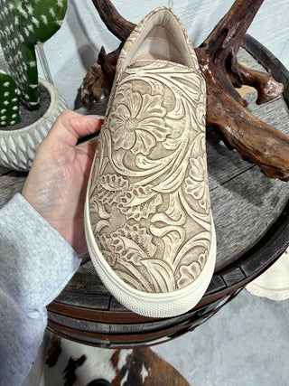 Tooled Floral Slip-On Sneakers – Cream Western Embossed Casual Shoes for Women