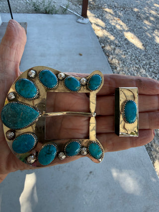 Custom Authentic Kingman Turquoise Statement Belt Buckle Set