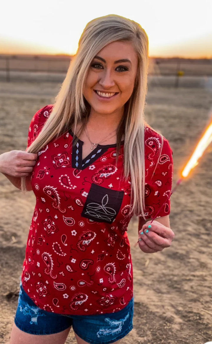Think It Through Red Bandana Boot Stitch Top