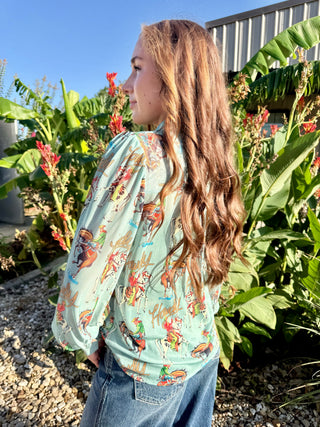 Howdy Yeehaw Mesh Tie Neck Top | Turquoise Haven