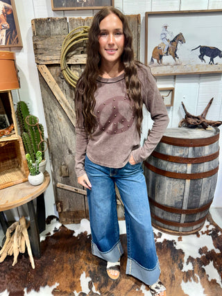 Peace Out Vintage Studded Thermal Top- Brown