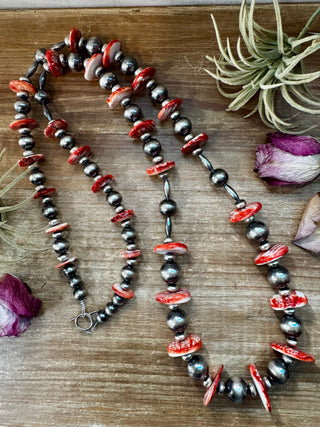 NFR Collection Necklace – Graduated Spiny Oyster & Sterling Silver Pearls 45"