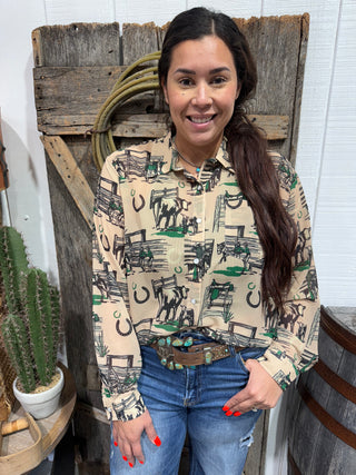 Greener Pastures Sheer Western Ranch Print Button Up – 2 Fly