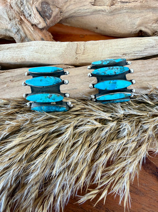 Sterling Silver Kingman Turquoise Cluster Hoop Earrings- Taxco