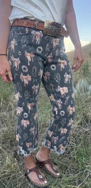 Saddle Room Western Print Jeans for Women | Stretch Denim Cropped Jeans