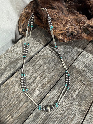 Western Navajo-Style Sterling Silver Pearl Necklace with Turquoise Accents | Layered Bar Bead Design-18”