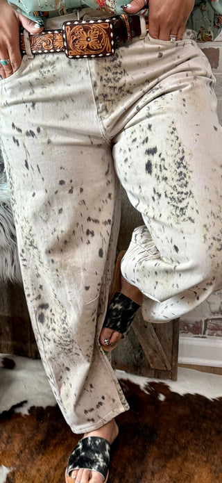 Kancan Brindle Cow Print Barrel Jeans