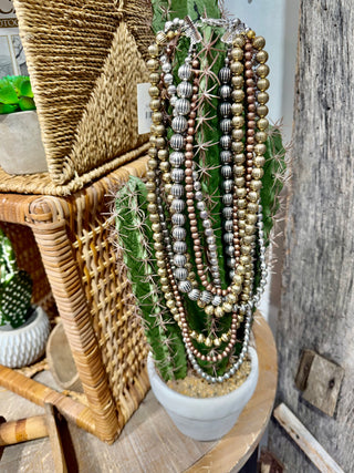Multi-Strand Fluted Navajo Style Bead Necklace – Mixed Metal Western Statement-7 Strands