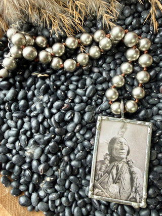 Western Native American Portrait Pendant Necklace – Vintage Inspired Statement Pearl Chain